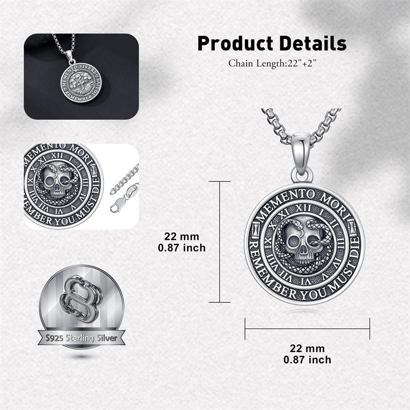 Sterling Silver Memento Mori Gothic Skull Amulet Pendant Necklace for Men