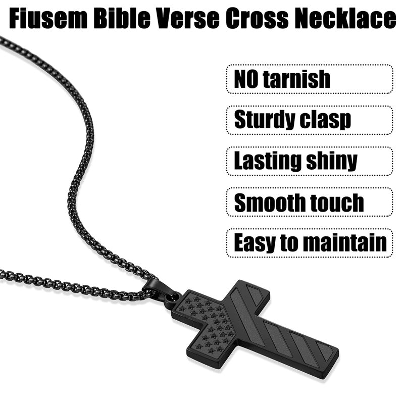 Stainless Steel Inspirational Bible Verse American Flag Cross Pendant Necklace