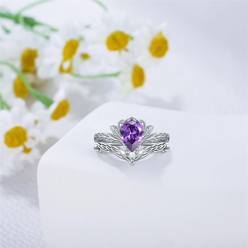 Sterling Silver Pear Cut Vine Leaf Gemstone Engagement Rings Set for Women