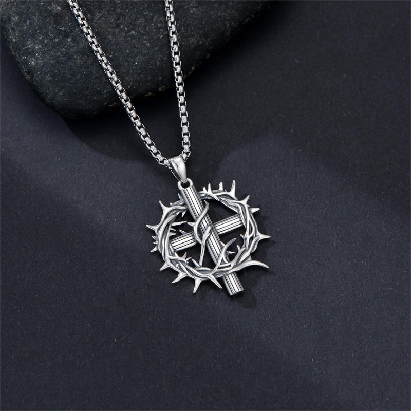 Sterling Silver Crown of Thorns Crucifix Cross Pendant Necklace for Men