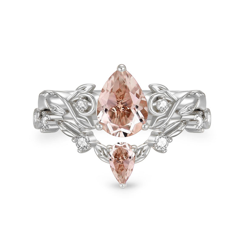 Sterling Silver 10K 14K 18K Gold Pear Cut Gemstone Leaf  Engagement Ring Set