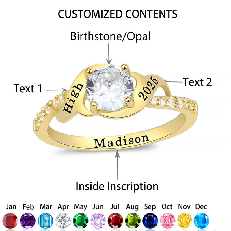 Sterling Silver Personalized Birthstone Engraved Class Ring Women's Graduation Ring