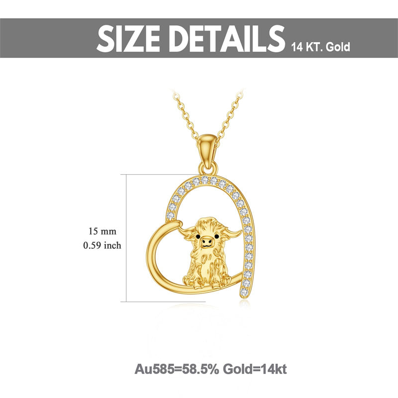 14K Gold Heart Highland Cow Pendant Necklace