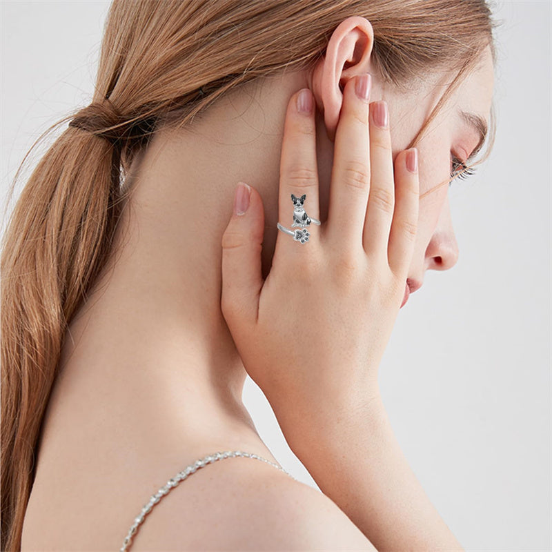 Sterling Silver Black Pug Doberman Boston Terrier Beagle Adjustable Ring