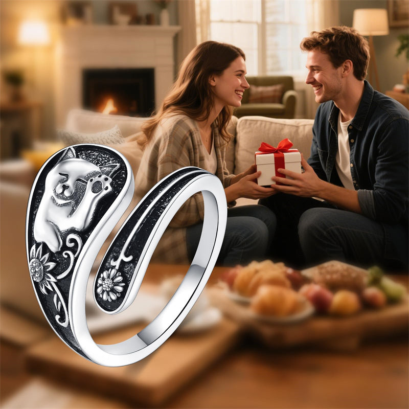 Sterling Silver Cat Adjustable Spoon Ring for Women