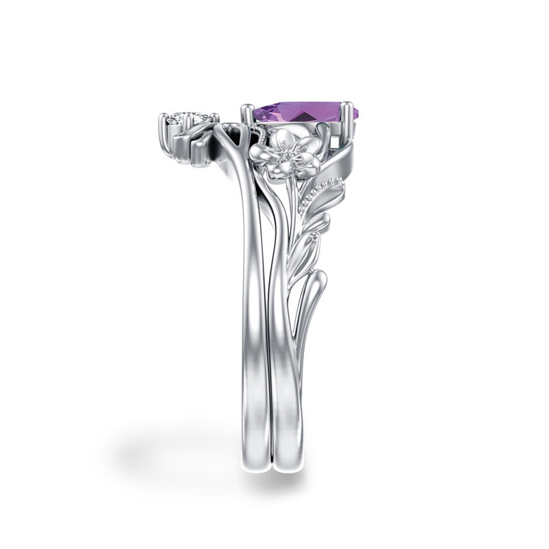 Sterling Silver Pear Shaped Gemstone Engagement Rings Set for Women