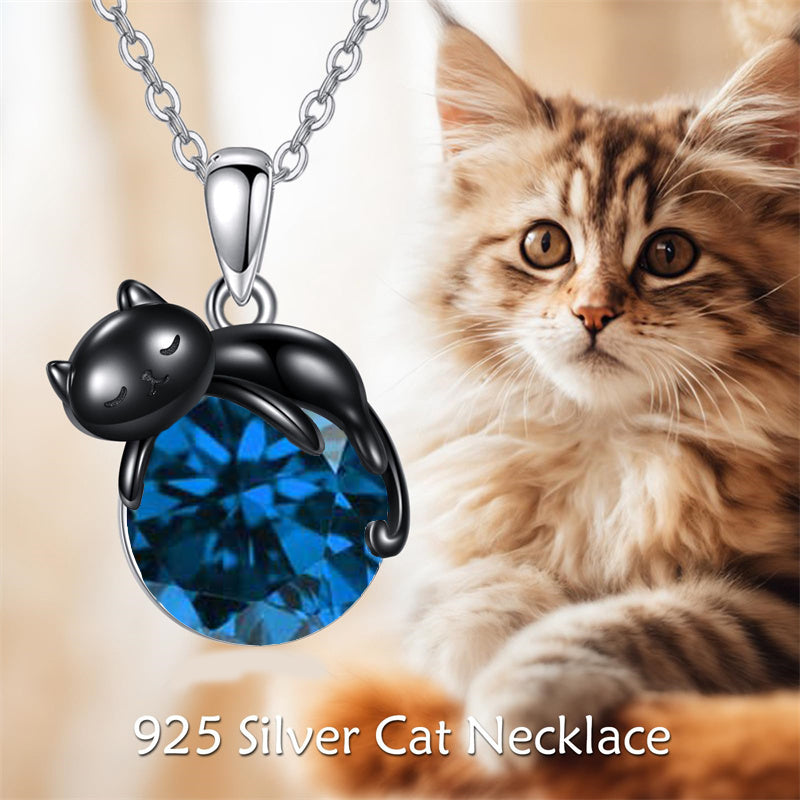 Sterling Silver Birthstone Infinity Black Cat Pendant  Necklace