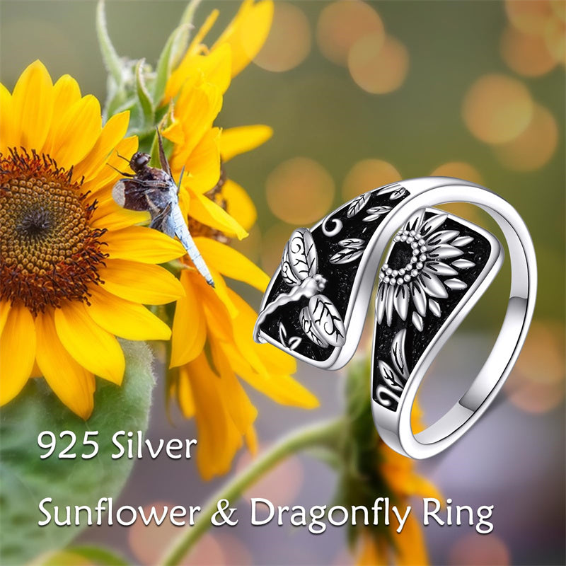 Sterling Silver Sunflower Dragonfly Spoon Ring for Women