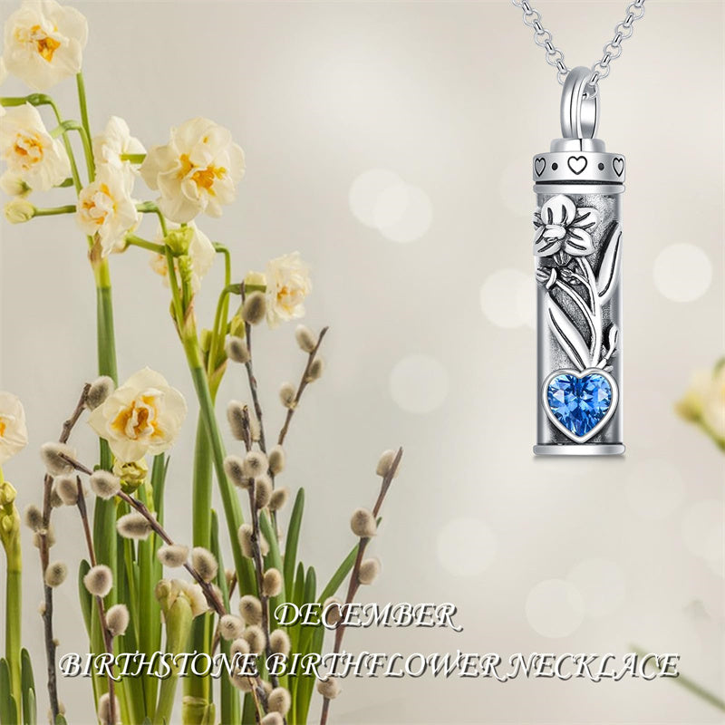 Sterling Silver 12 Birthstone Birth Flower  Urn Necklace for Ashes