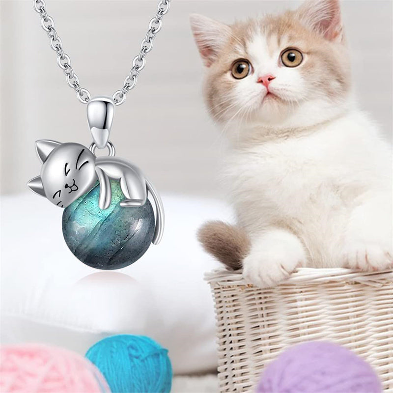 Sterling Silver Turquoise Larimar Labradorite Moss Agate Blue Sandstone  Cat Pendant Necklace