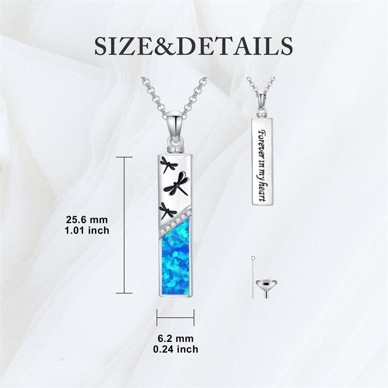 Sterling Silver  Opal Personalized Engraved Bar Pet  Butterfly Dragonfly Tree of Life  Urn Necklace for Ashes