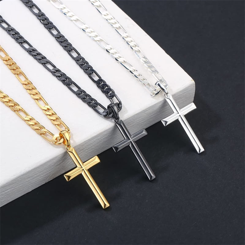 Sterling Silver Cross Pendant Necklace With Stainless Steel Figaro Chain