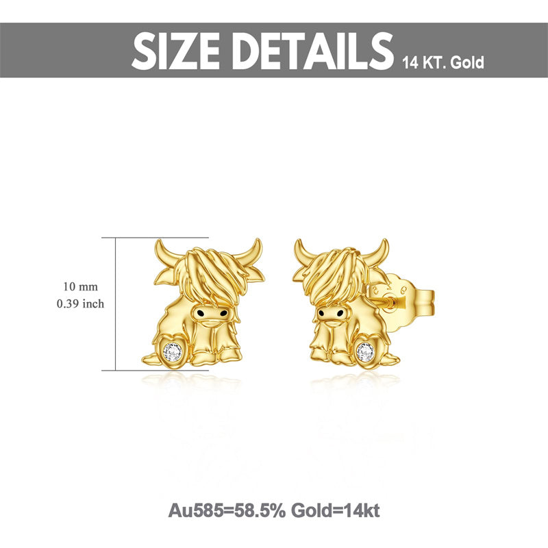 14K Gold Highland Cow Heart Stud Earrings
