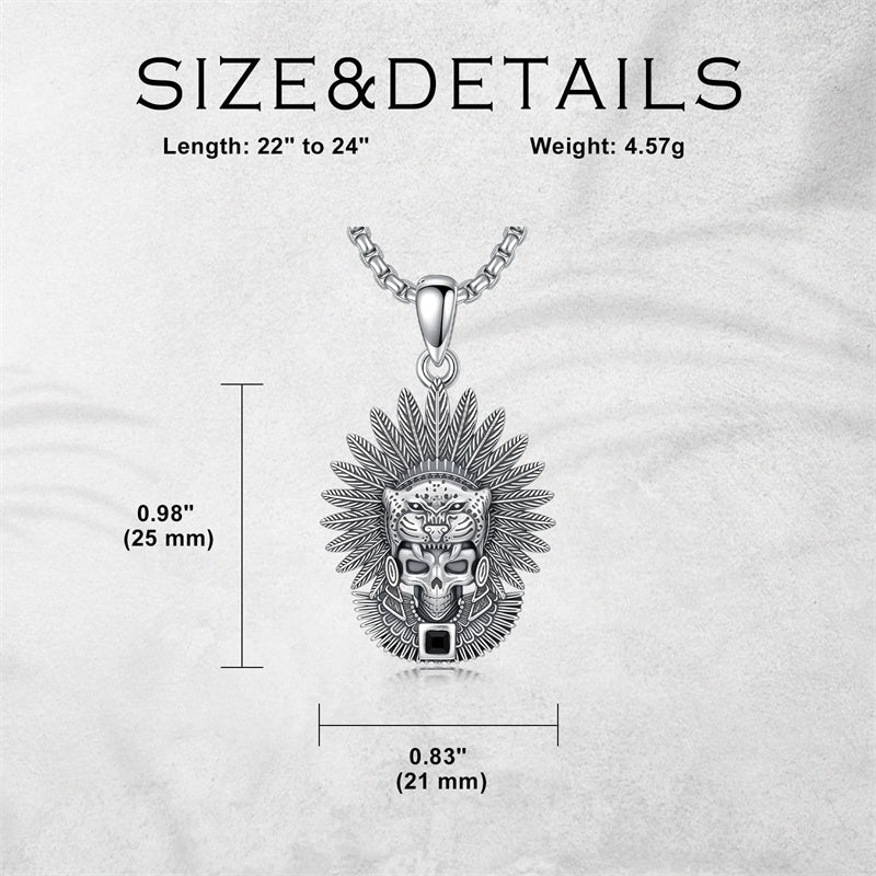 Sterling Silver Mictlantecuhtli Quetzalcoatl Tezcatlipoca Skull Pendant Necklace Aztec Jewelry For Men