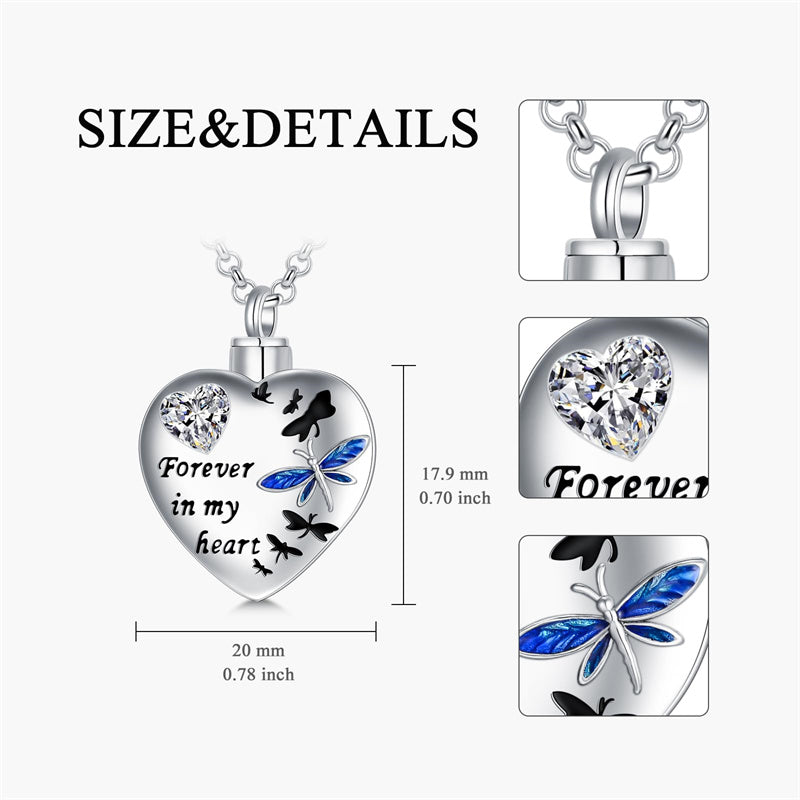 Sterling Silver Cubic Zirconia Dragonfly Heart Urn Necklaces for Ashes