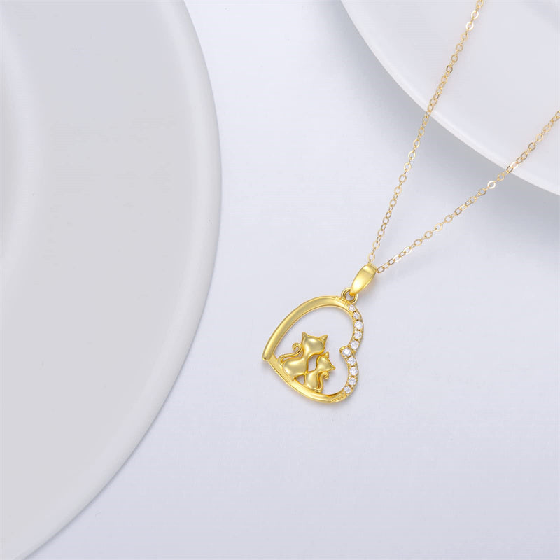 14K Gold 5A Cubic Zircon Cat Heart Pendant Necklace