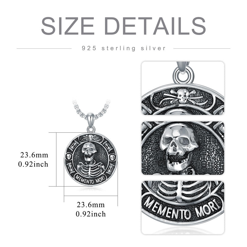Sterling Silver Memento Mori Skull Pendant Necklace