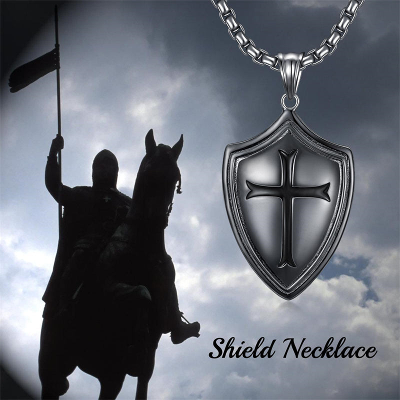 Sterling Silver Knights Templar & Cross Shield Pendant Necklace for Men