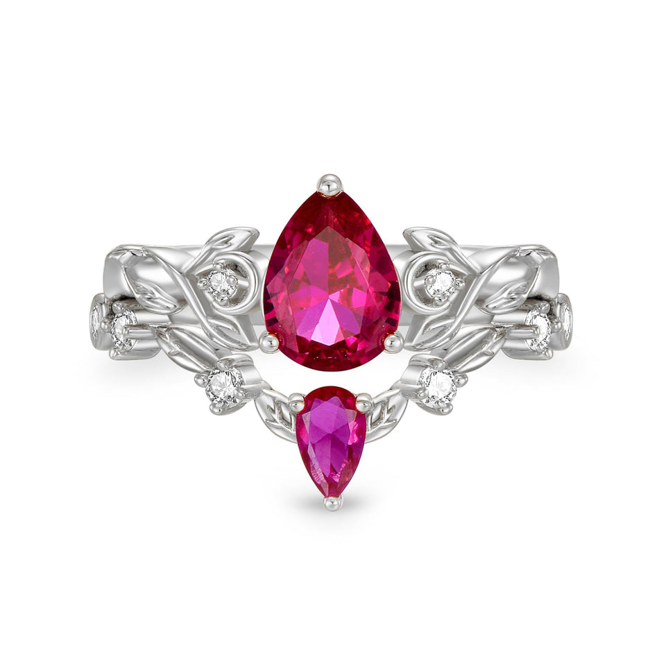 Sterling Silver 10K 14K 18K Gold Pear Cut Gemstone Leaf  Engagement Ring Set