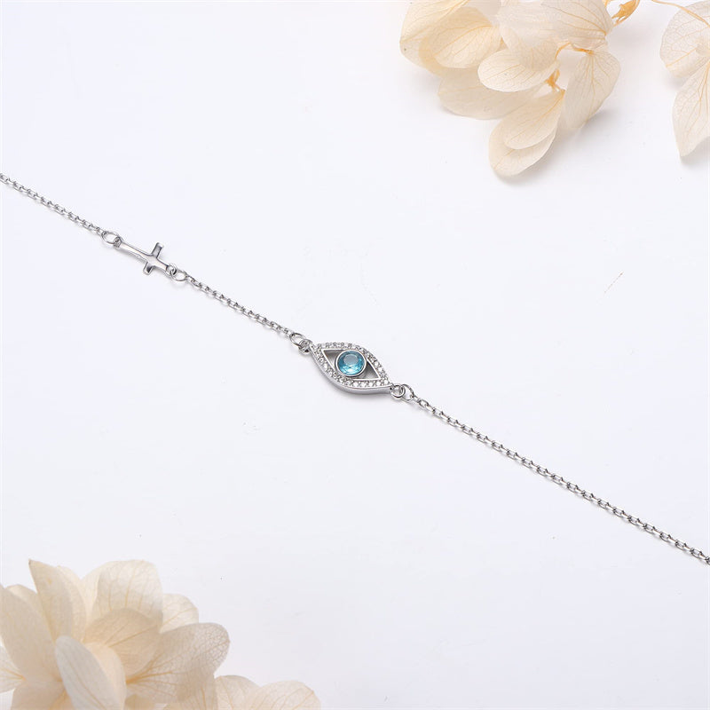 Sterling Silver Evil Eye with Cross Single Layer Anklet