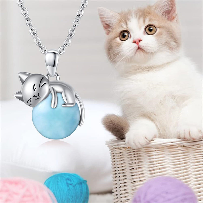 Sterling Silver Turquoise Larimar Labradorite Moss Agate Blue Sandstone  Cat Pendant Necklace