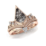 Sterling Silver 10K 14K 18K Personalized Engraved 2CT Natural Black Rutilated Quartz Engagement Ring Set