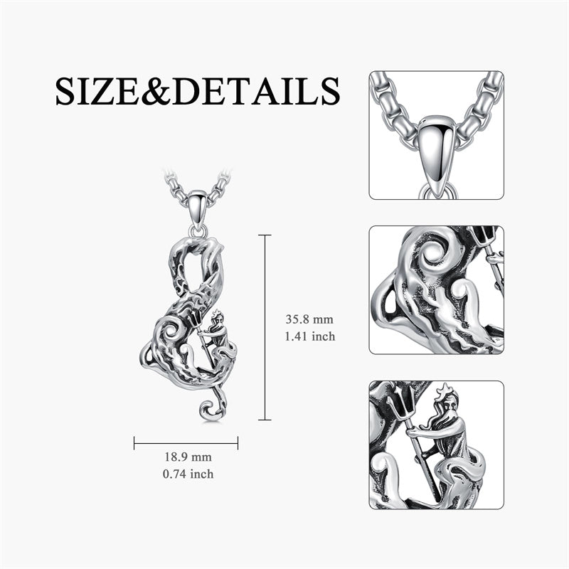 Sterling Silver  Poseidon Trident  Pendant Necklace for Men