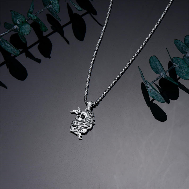 Sterling Silver Memento Mori Gothic Skull Amulet Pendant Necklace for Men