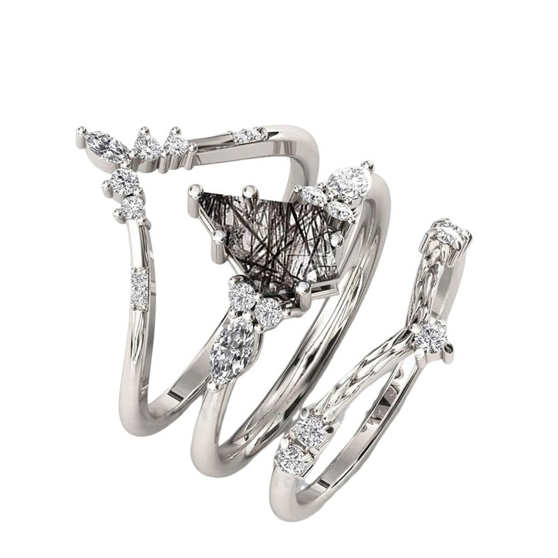 Sterling Silver 10K 14K 18K Personalized Engraved 2CT Natural Black Rutilated Quartz Engagement Ring Set