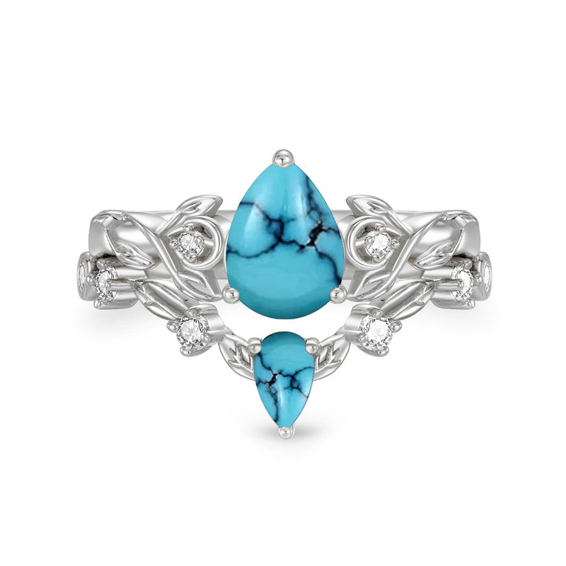 Sterling Silver 10K 14K 18K Gold Pear Cut Gemstone Leaf  Engagement Ring Set