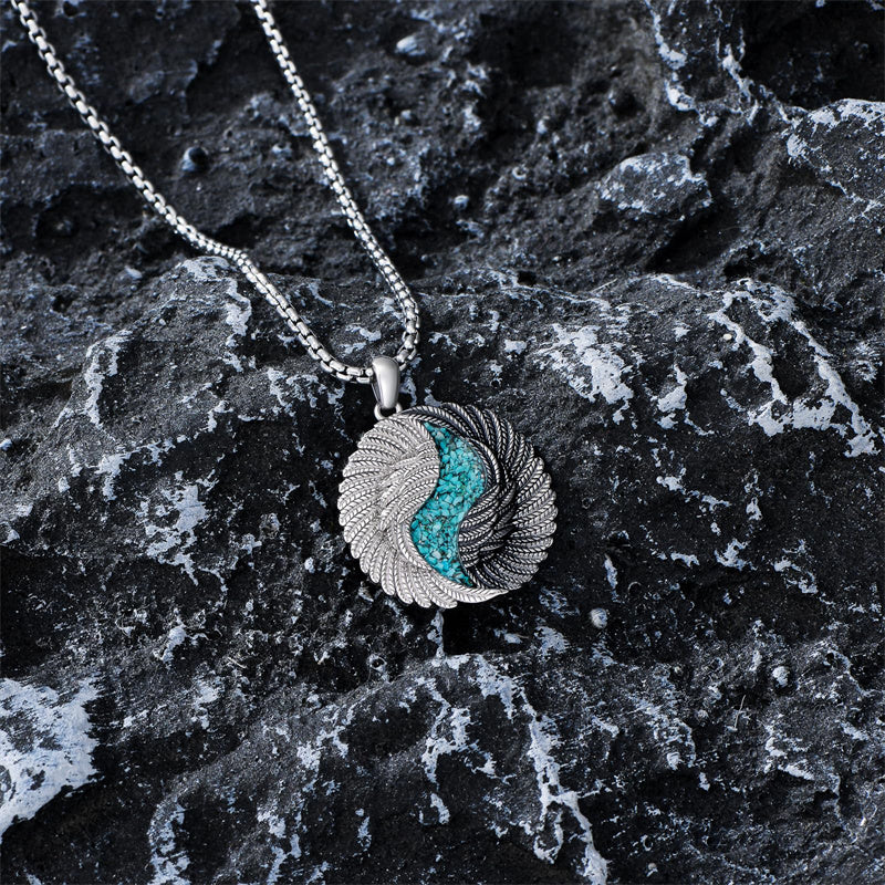 Sterling Silver Turquoise Obsidian Opal Tiger's Eye Yin Yang Angel Wings Pendant Necklace