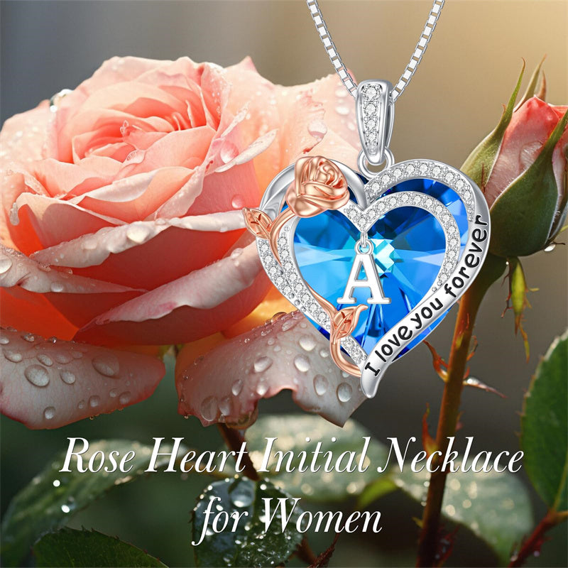 Sterling Silver Heart Crystal Initial Rose Pendant Necklace