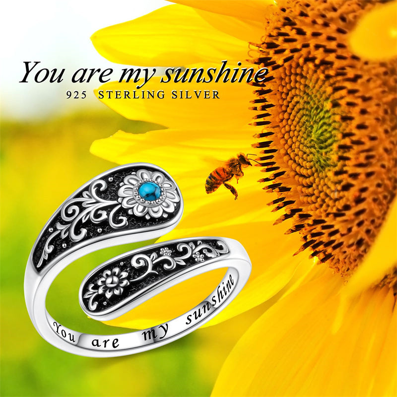 Sterling Silver Vintage Turquoise Sunflower Adjustable Spoon Ring Engraved with You Are My Sunshine