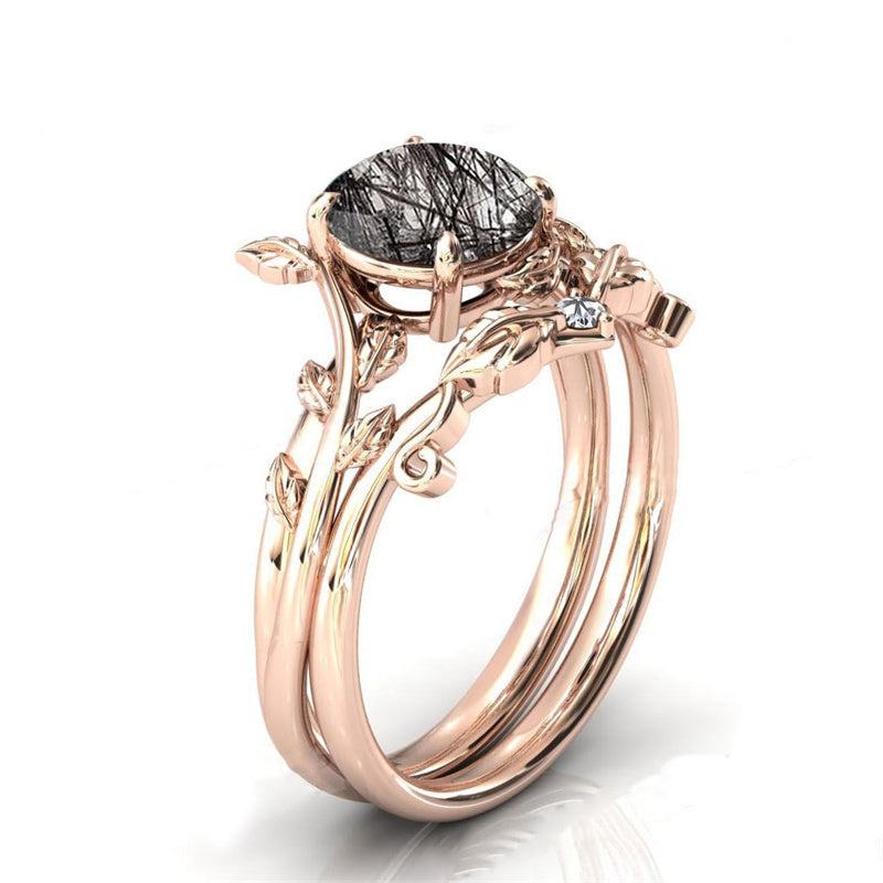 Sterling Silver 10K 14K 18K Personalized Engraved 2CT Natural Black Rutilated Quartz Engagement Ring Set