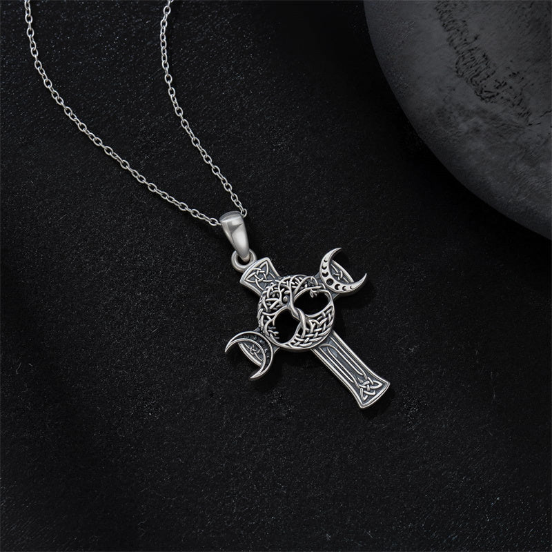 Sterling Silver Shark Fish Hook Triple Moon Cross Pendant Necklace