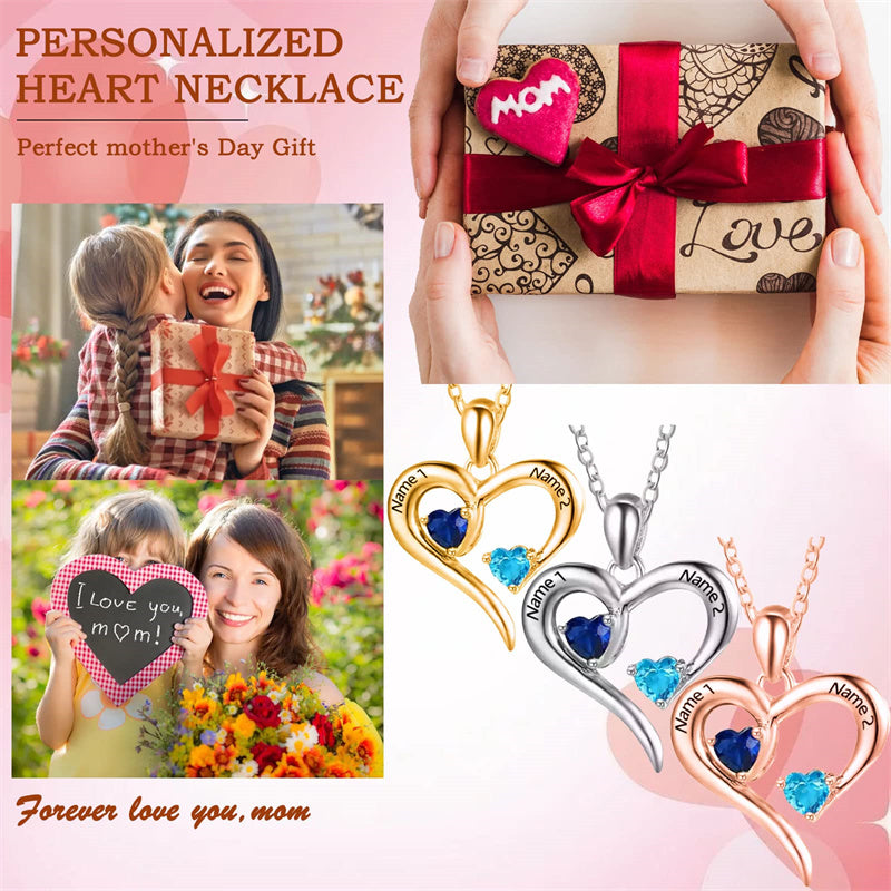 10K 14K 18K Gold Personalized 2 Birthstone Names Heart Pendant Necklace
