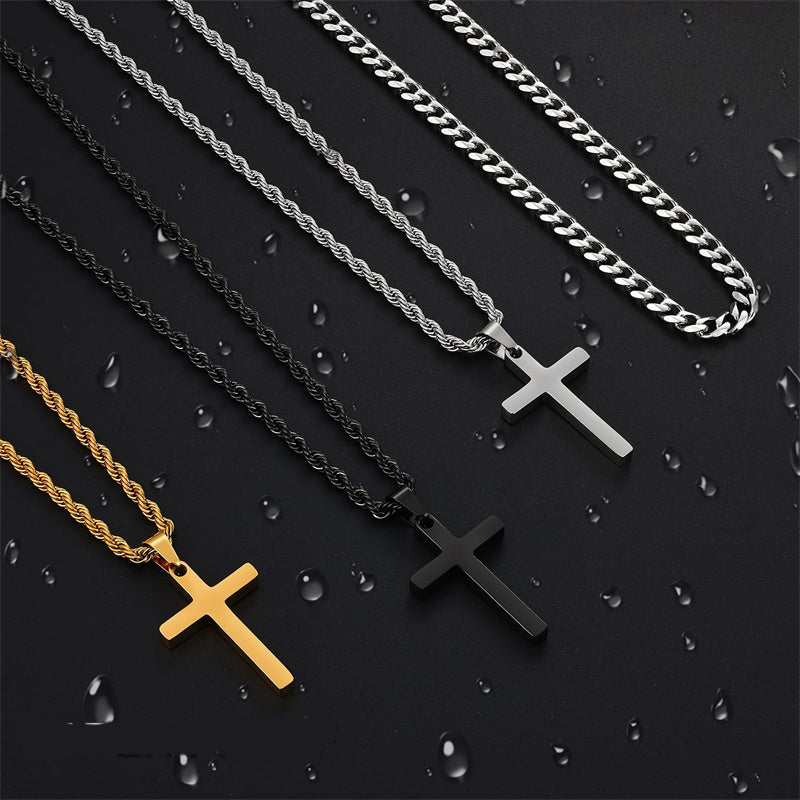 Sterling Silver Layered Cross Necklace for Men with Stainless Steel Cuban Link Rope Chain