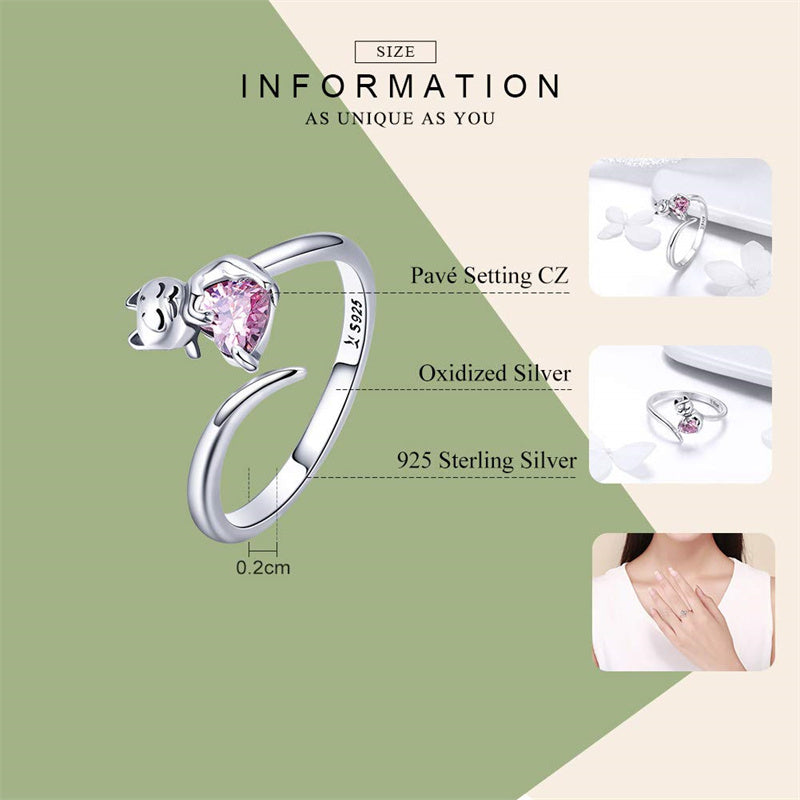 Sterling Silver Cute Cat Adjustable Ring for Women