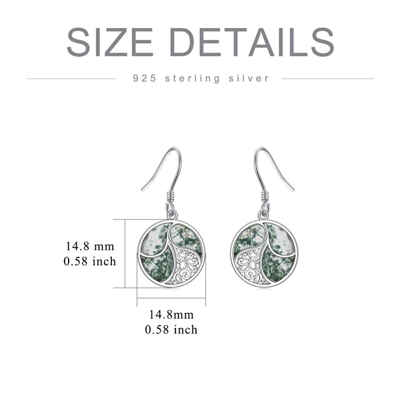 Sterling Silver Round Moss Agate Filigree Dangle Earrings