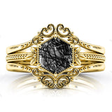 Sterling Silver 10K 14K 18K Personalized Engraved 2CT Natural Black Rutilated Quartz Engagement Ring Set