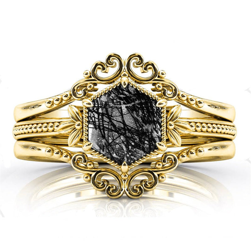 Sterling Silver 10K 14K 18K Personalized Engraved 2CT Natural Black Rutilated Quartz Engagement Ring Set