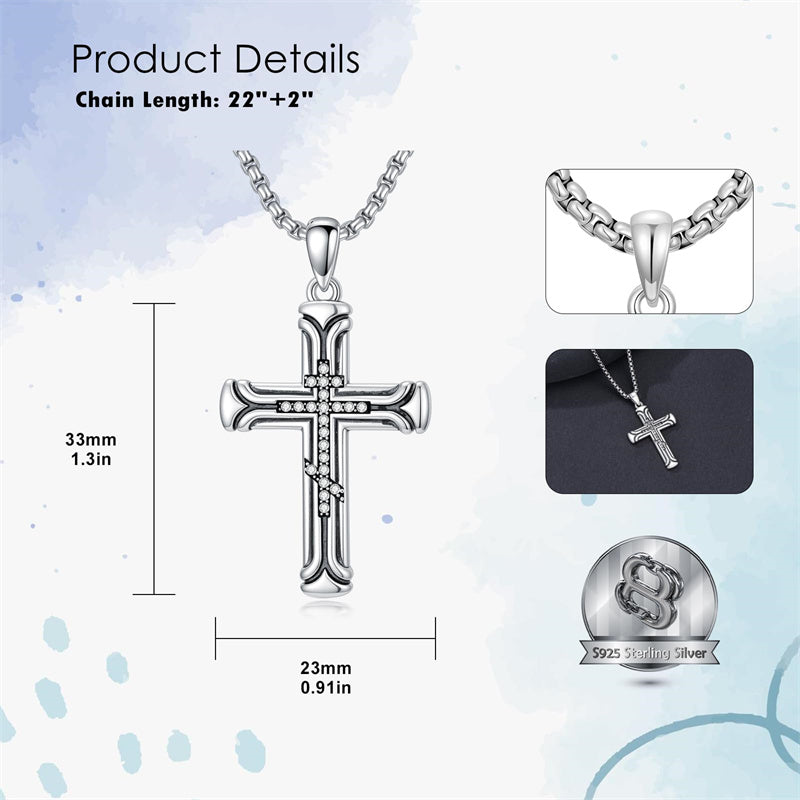 Sterling Silver Cross Christian Pendant Necklace for Men