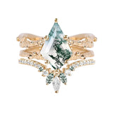 Sterling Silver Personalized Engraved  Kite Cut Moss Agate Engagement Wedding Ring Set for Women