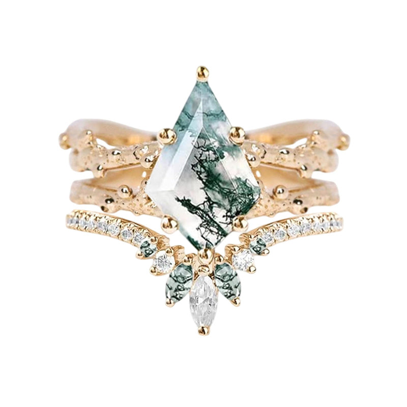 Sterling Silver Personalized Engraved  Kite Cut Moss Agate Engagement Wedding Ring Set for Women