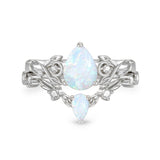 Sterling Silver 10K 14K 18K Gold Pear Cut Gemstone Leaf  Engagement Ring Set