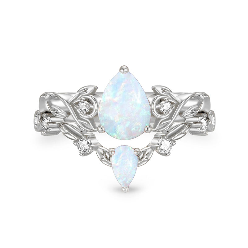 Sterling Silver 10K 14K 18K Gold Pear Cut Gemstone Leaf  Engagement Ring Set