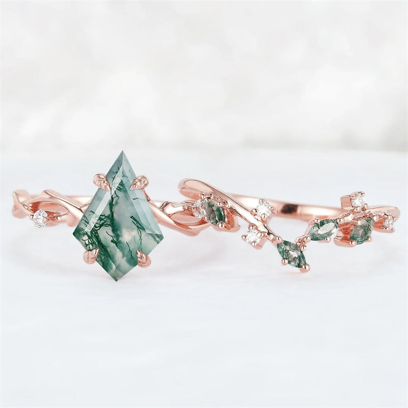 Sterling Silver 10K 14K 18K Gold  Personalized  Engraved Natural Moss Agate Engagement Bridal Wedding Ring Set