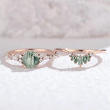 Sterling Silver 10K 14K 18K Gold  Personalized  Engraved Natural Moss Agate Engagement Bridal Wedding Ring Set