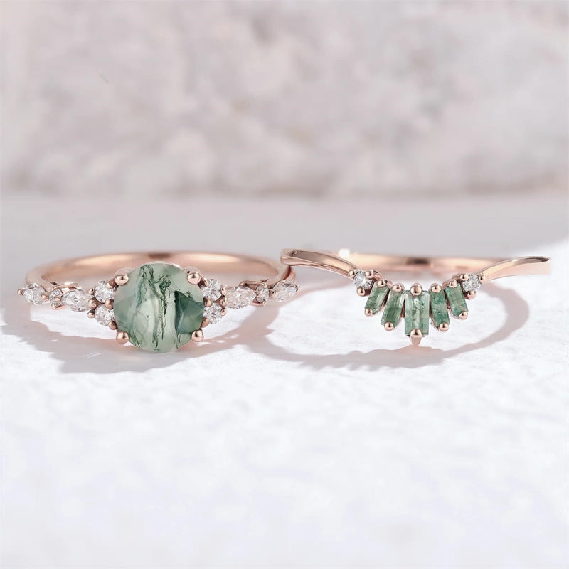 Sterling Silver 10K 14K 18K Gold  Personalized  Engraved Natural Moss Agate Engagement Bridal Wedding Ring Set