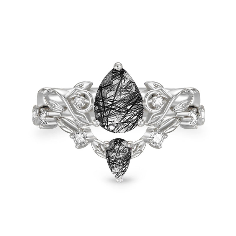 Sterling Silver 10K 14K 18K Gold Pear Cut Gemstone Leaf  Engagement Ring Set